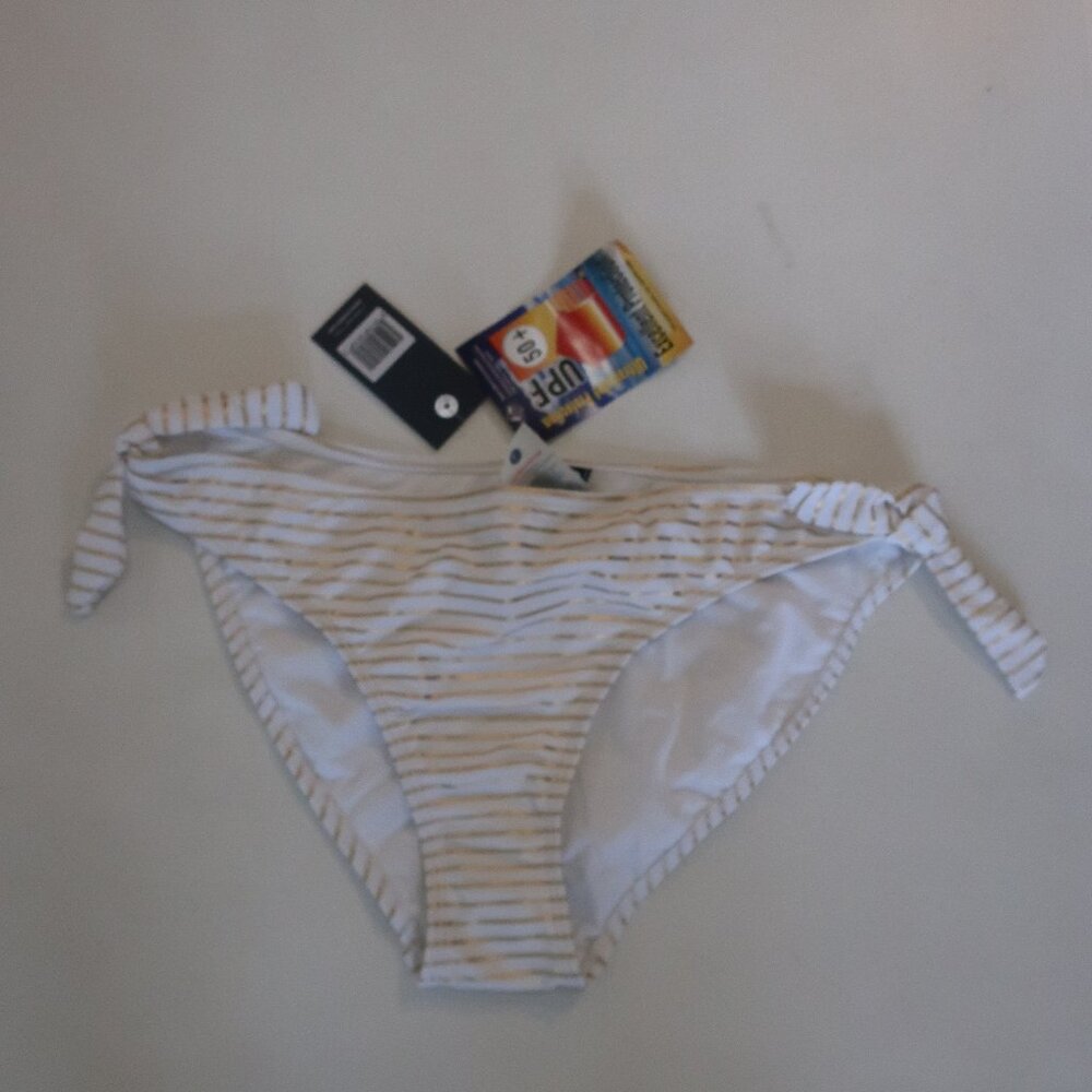 NWT Womens SR Swim (Snapper Rock) Gold, White Striped Bikini  Bottom L SPF 50 +